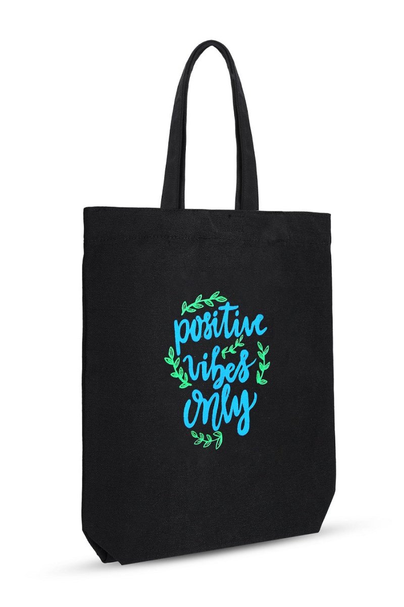 Premium Cotton Canvas Tote Bag - Positive Vibes Black | Verified Sustainable Tote Bag on Brown Living™