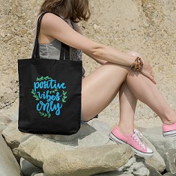 Premium Cotton Canvas Tote Bag - Positive Vibes Black | Verified Sustainable Tote Bag on Brown Living™