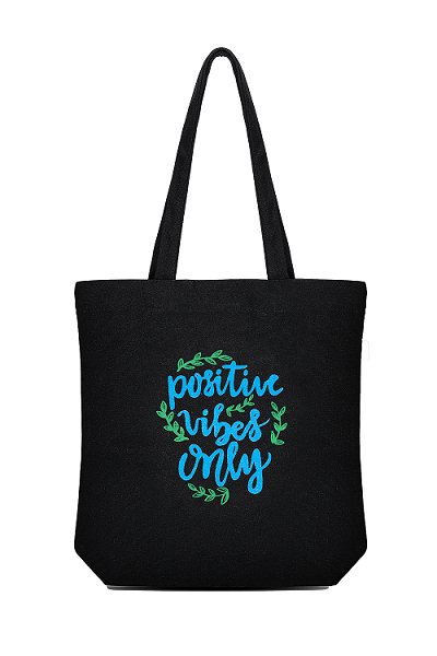 Premium Cotton Canvas Tote Bag - Positive Vibes Black | Verified Sustainable Tote Bag on Brown Living™