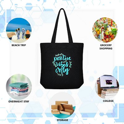 Premium Cotton Canvas Tote Bag - Positive Vibes Black | Verified Sustainable Tote Bag on Brown Living™