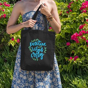 Premium Cotton Canvas Tote Bag - Positive Vibes Black | Verified Sustainable Tote Bag on Brown Living™