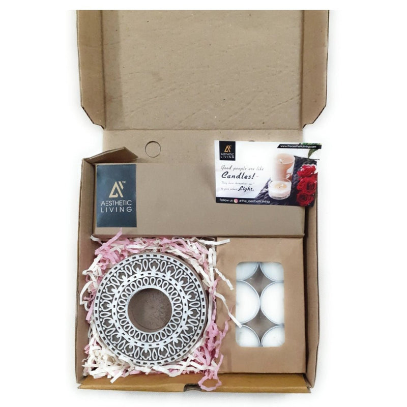 Rangoli Wooden T - Light Holder with a pack of 6 soywax t - light candles | Verified Sustainable Gift Giving on Brown Living™