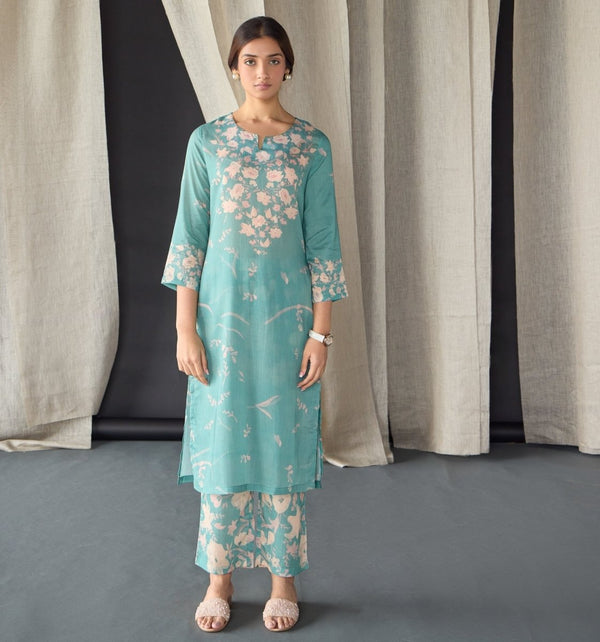 Retro Blue Floral Tencel Kurta (Set of 2) | Verified Sustainable Womens Kurta on Brown Living™