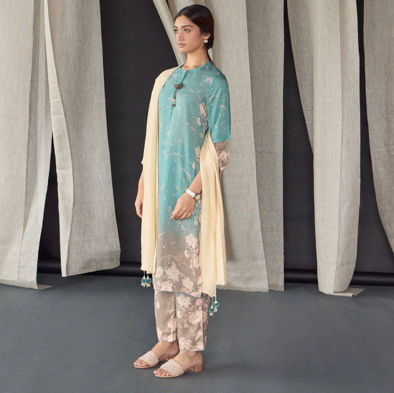 Retro Blue Floral Tencel Kurta (Set of 3) | Verified Sustainable Womens Kurta on Brown Living™