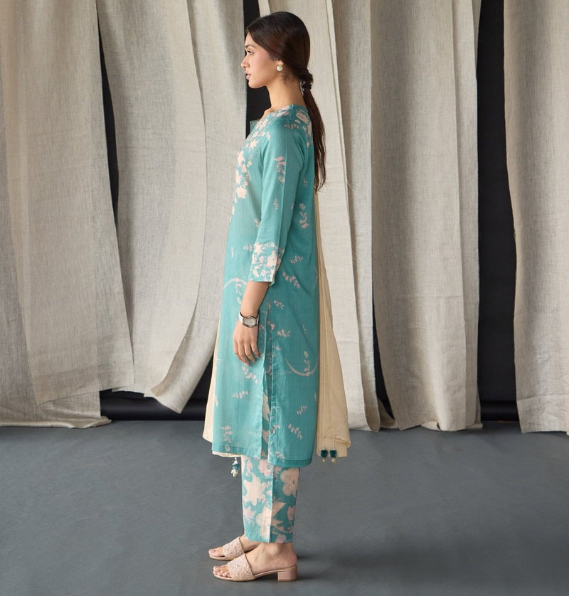 Retro Blue Floral Tencel Kurta (Set of 3) | Verified Sustainable Womens Kurta on Brown Living™