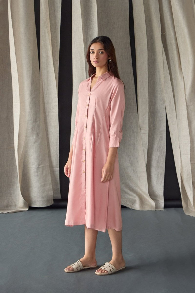 Salmon Pink Fitted Shirt Dress | Verified Sustainable Womens Dress on Brown Living™