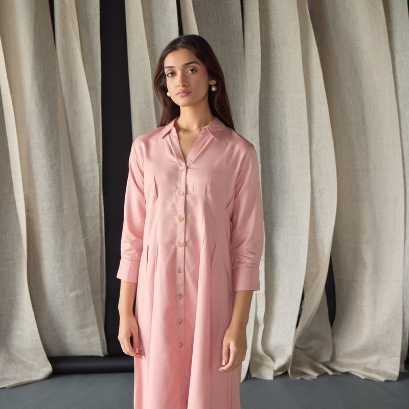 Salmon Pink Fitted Shirt Dress | Verified Sustainable Womens Dress on Brown Living™