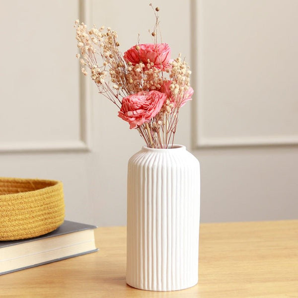 Snow White Ceramic Vase with Dried Harmony Bunch | Verified Sustainable Vases on Brown Living™