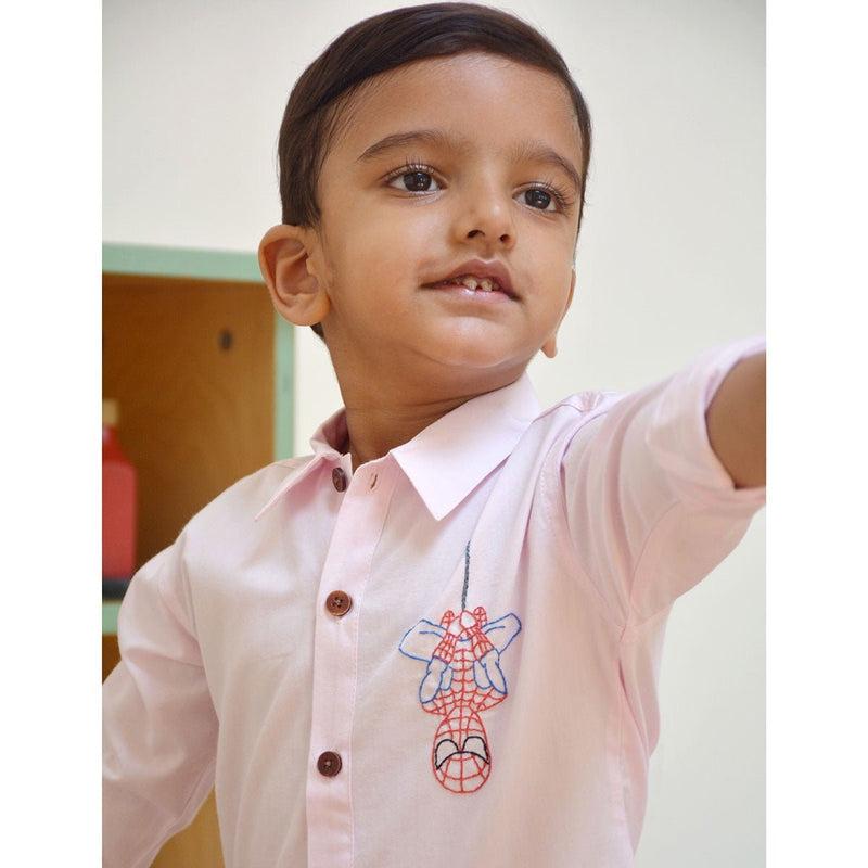 Spidey Embroidered Organic Cotton Shirt- Light Pink | Verified Sustainable Kids Shirts on Brown Living™