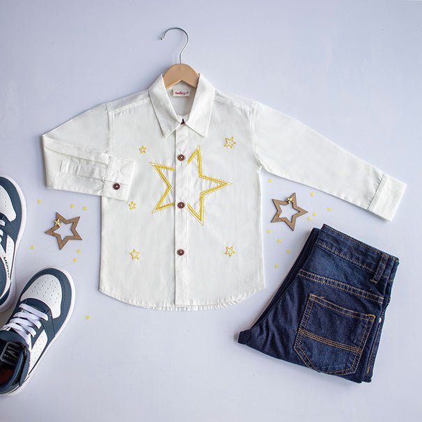 Stars Party Embroidered 100% Organic Cotton - White | Verified Sustainable Kids Shirts on Brown Living™