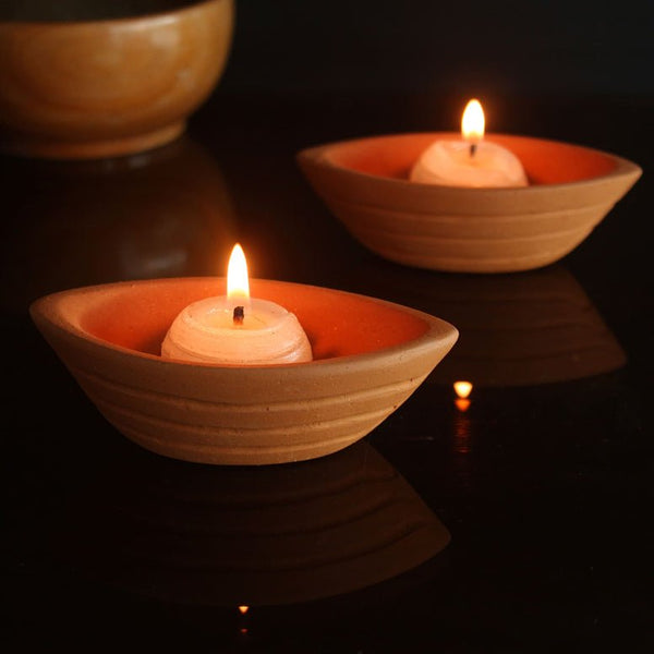 Terracotta Boat Candle Holder | Set of 6 + 6 Pcs Complimentary Candles | Verified Sustainable Candles & Fragrances on Brown Living™