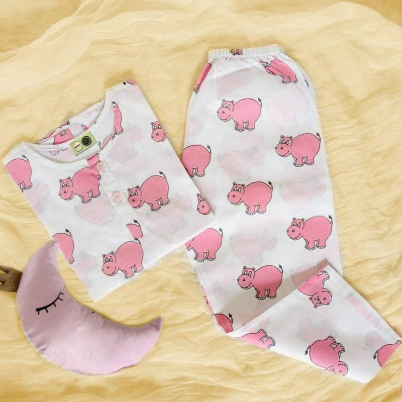 The Cheerful Hippo - Unisex Kids Cotton Nightwear | Verified Sustainable Kids Pyjamas on Brown Living™