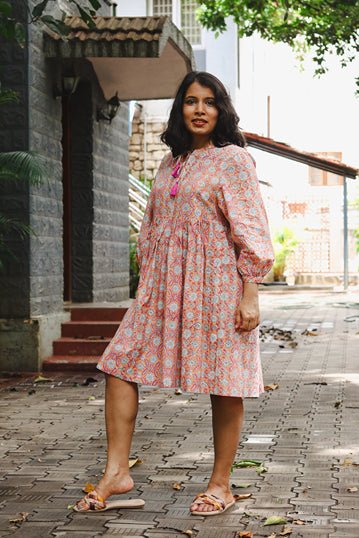 The Jemma Cotton Dress | Block Print | Floral Sunset | Verified Sustainable Womens Dress on Brown Living™