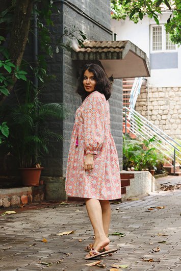 The Jemma Cotton Dress | Block Print | Floral Sunset | Verified Sustainable Womens Dress on Brown Living™