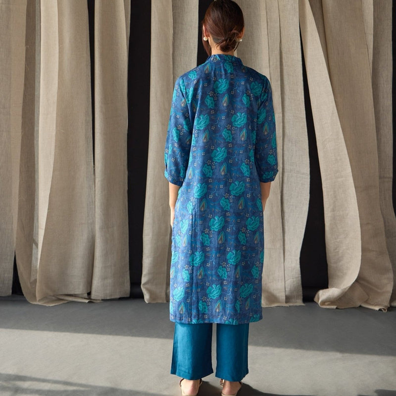 Under - Water Blue Floral Tencel Kurta | Verified Sustainable Womens Kurta on Brown Living™