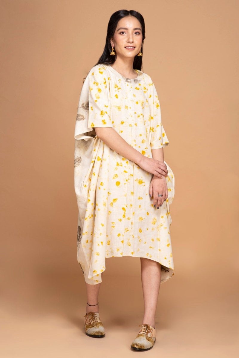 Vann Naturally Dyed Handwoven Cotton Rohanna Kurti - Yellow, Grey | Verified Sustainable Womens Kurta on Brown Living™