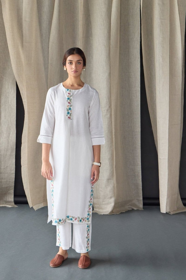 White Floral Embroidered Kurta Set | Verified Sustainable Womens Kurta on Brown Living™