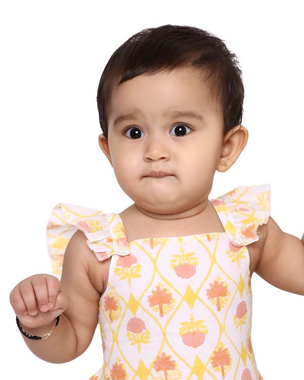 Zahra - Handblock Printed Infant Onesie with Detachable Lehenga Skirt and Matching Clips | Verified Sustainable Kids Ethnic Sets on Brown Living™