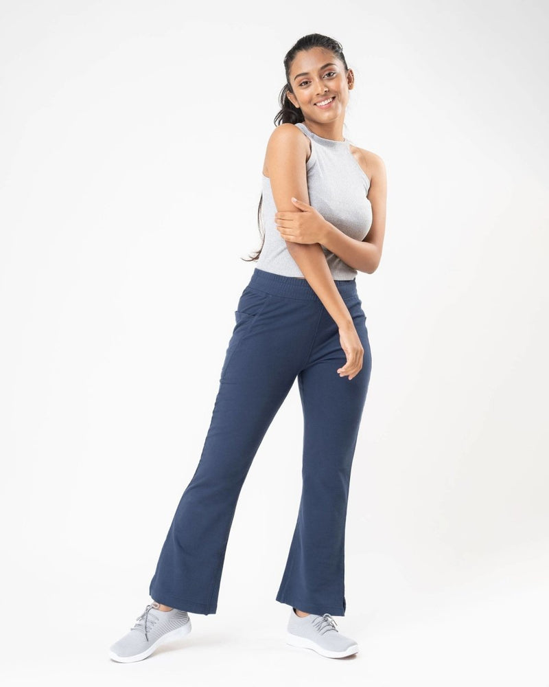 Buy 100% Organic Cotton Blue Flared Bottom Athleisure Pant For Women | Shop Verified Sustainable Womens Pants on Brown Living™