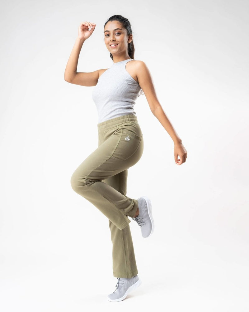 Buy 100% Organic Cotton Green Flared Bottom Athleisure Pant For Women | Shop Verified Sustainable Womens Pants on Brown Living™