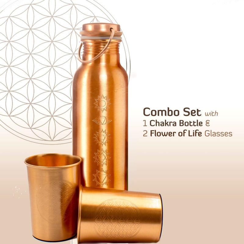 Buy Artisitically Engraved 7 Chakras Ayurvedic Copper Bottle with 2 Glasses Set (Engraved with Flower of Life Symbol) | Shop Verified Sustainable Bottles & Sippers on Brown Living™