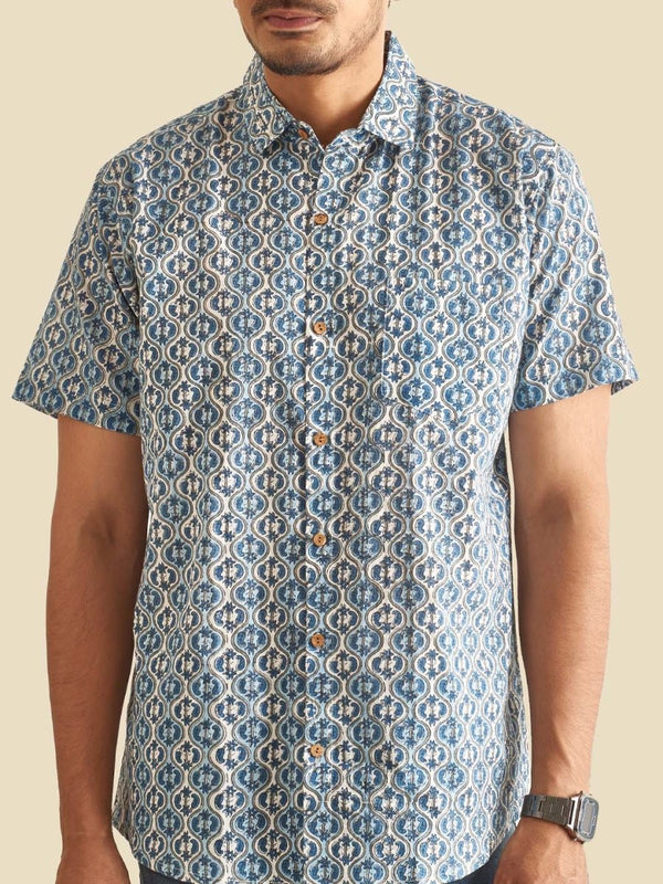 Buy Blue and White Ethnic Block Printed Holiday Halfsleeves Cotton Shirt | Shop Verified Sustainable Mens Shirt on Brown Living™