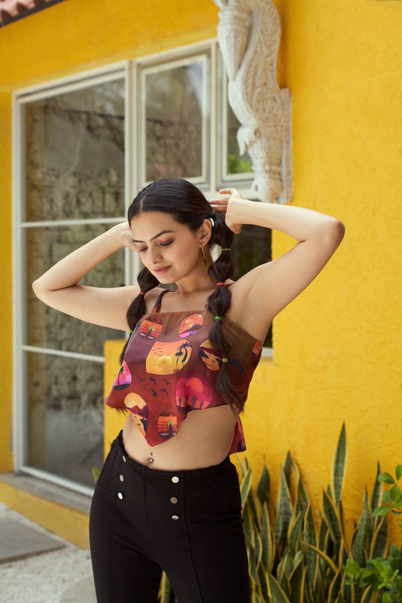 By The Sunset- Printed Bemberg Satin Bandana Top | Verified Sustainable Womens Top on Brown Living™