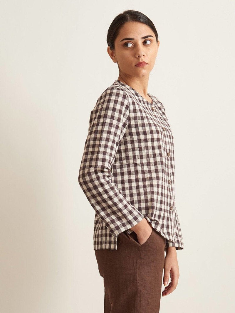 Buy Collarless Checkered Shirt - Brown Checkered | Shop Verified Sustainable Womens Shirt on Brown Living™