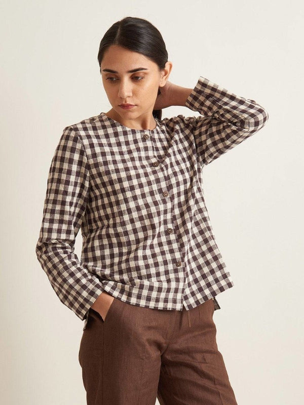 Buy Collarless Checkered Shirt - Brown Checkered | Shop Verified Sustainable Womens Shirt on Brown Living™