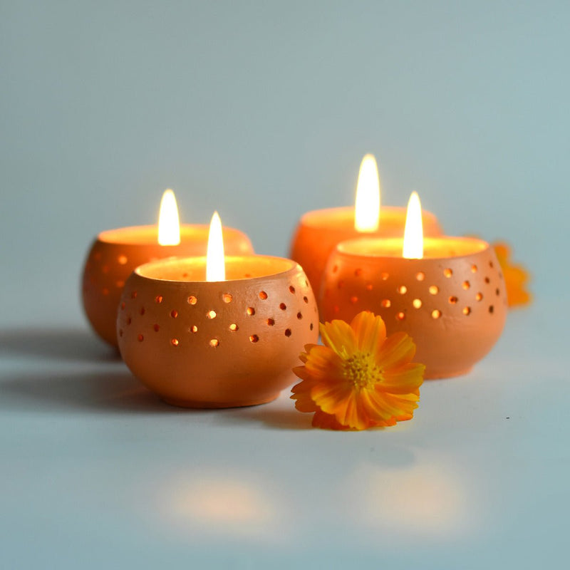 Buy Dome Handmade Candle Holders- Orange- Set Of 4 with Free Candles | Shop Verified Sustainable Products on Brown Living