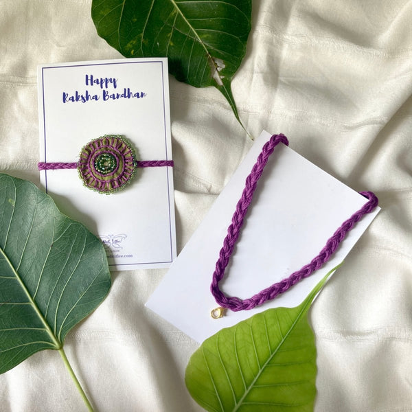 Buy Dual Avtar Hand Embroidered Rakhi- Olive & Purple/ Reusable Rakhi | Shop Verified Sustainable Rakhi on Brown Living™