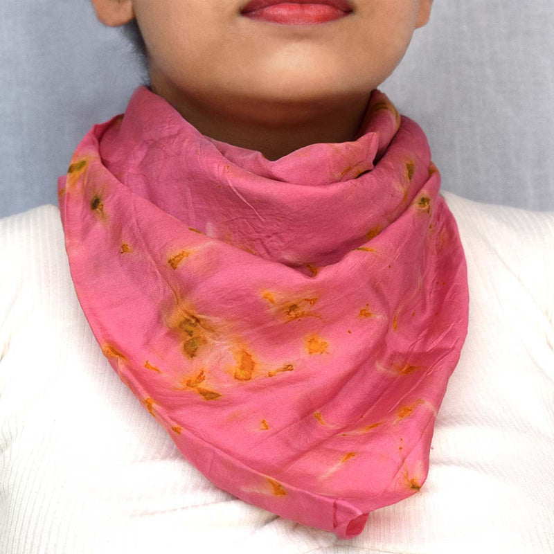 Buy Eco-printed Silk Bandana, Scrunchie Combo- Pink with Yellow | Shop Verified Sustainable Womens Accessories on Brown Living™