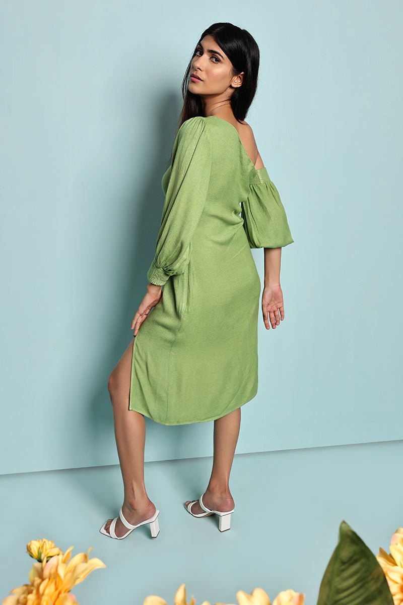 Buy Green One Shoulder Slit Dress | Made with FSC certified sustainable moss crepe | Shop Verified Sustainable Womens Dress on Brown Living™