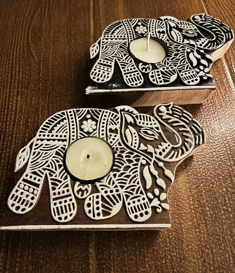 Buy Handcrafted Wooden Diya | Tea light holders | Elephant Design | Shop Verified Sustainable Candles & Fragrances on Brown Living™