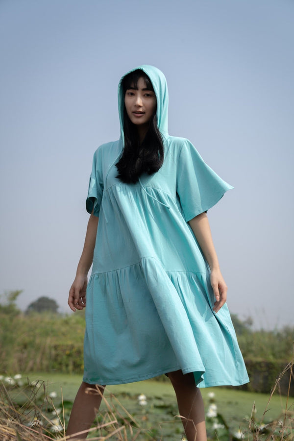 Katir- Hoodie Dress With Slit Bell Sleeves - Aqua Blue | Verified Sustainable Womens Dress on Brown Living™