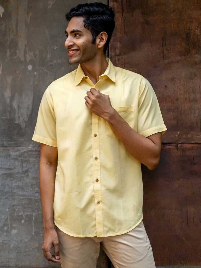 Buy Lemon Yellow Half Sleeve Shirt in TENCEL™ Lyocell Linen | Shop Verified Sustainable Mens Shirt on Brown Living™