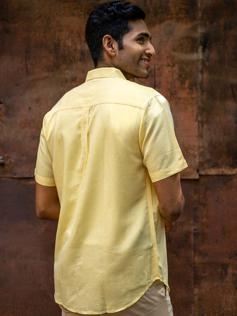 Buy Lemon Yellow Half Sleeve Shirt in TENCEL™ Lyocell Linen | Shop Verified Sustainable Mens Shirt on Brown Living™