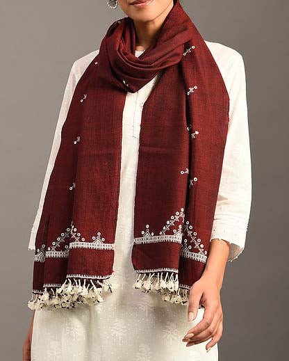 Buy Maroon Handwoven Wool Stole with Mirror Embroidery | Shop Verified Sustainable Womens Scarf on Brown Living™