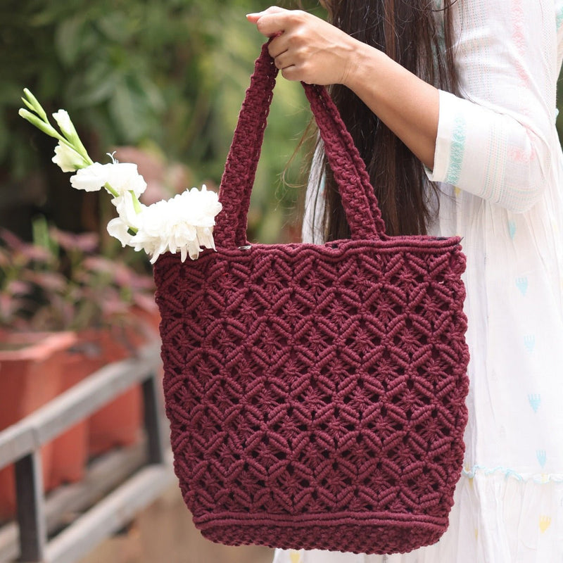 Maroon Macrame Tote Bag | Verified Sustainable Tote Bag on Brown Living™