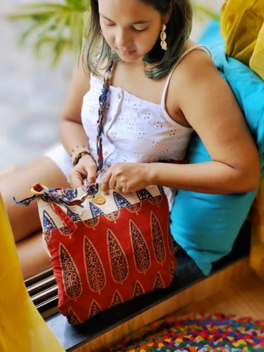 Buy Maroon & Off-White Hand Block Printed Braided Ethnic Sling Bags | Shop Verified Sustainable Tote Bag on Brown Living™