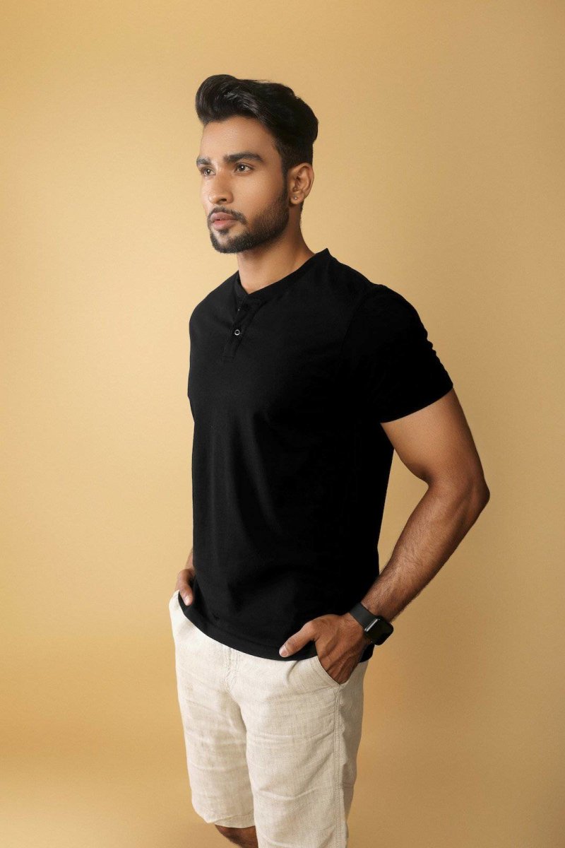 Buy Men's Henley Tee - Supima Cotton - Solid Black - The Liquid Touch | Shop Verified Sustainable Mens Tshirt on Brown Living™