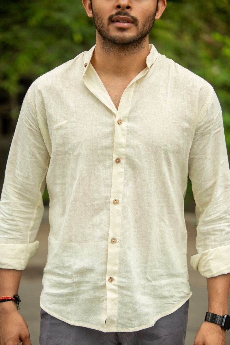 Buy Off White Mandarin Collar Khadi Shirt | Shop Verified Sustainable Products on Brown Living