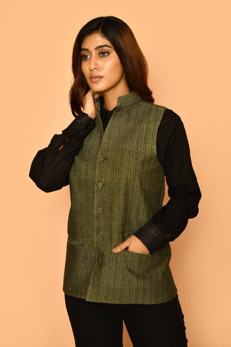 Buy Olive Green Handloom Cotton Nehru Jacket for Women | Shop Verified Sustainable Mens Jacket on Brown Living™