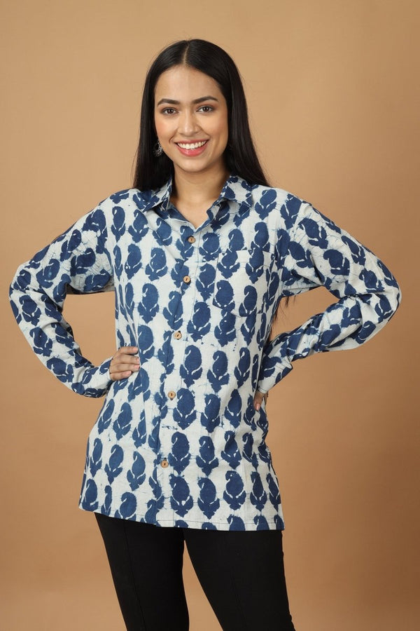 Buy Pattrika Dabu Indigo Womens Cotton Shirt | Shop Verified Sustainable Womens Shirt on Brown Living™