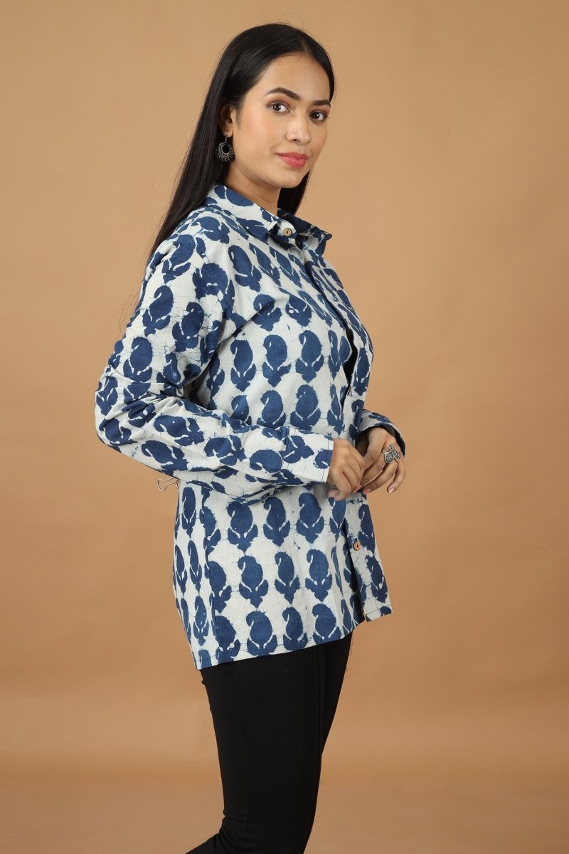 Buy Pattrika Dabu Indigo Womens Cotton Shirt | Shop Verified Sustainable Womens Shirt on Brown Living™