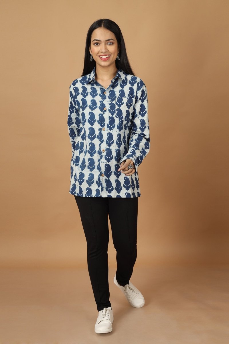 Buy Pattrika Dabu Indigo Womens Cotton Shirt | Shop Verified Sustainable Womens Shirt on Brown Living™