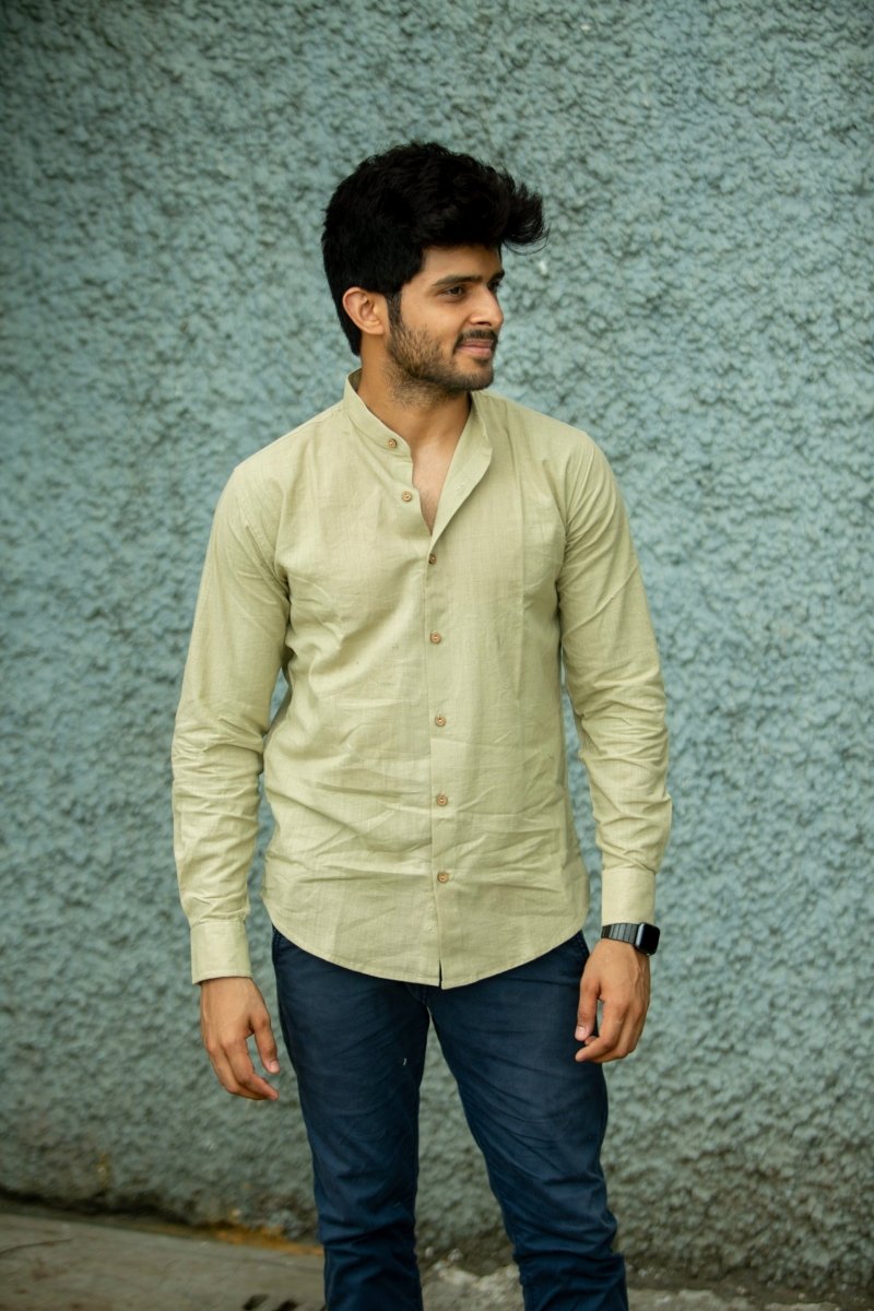 Buy Pistachio Mandarin Collar Khadi Shirt | Shop Verified Sustainable Products on Brown Living