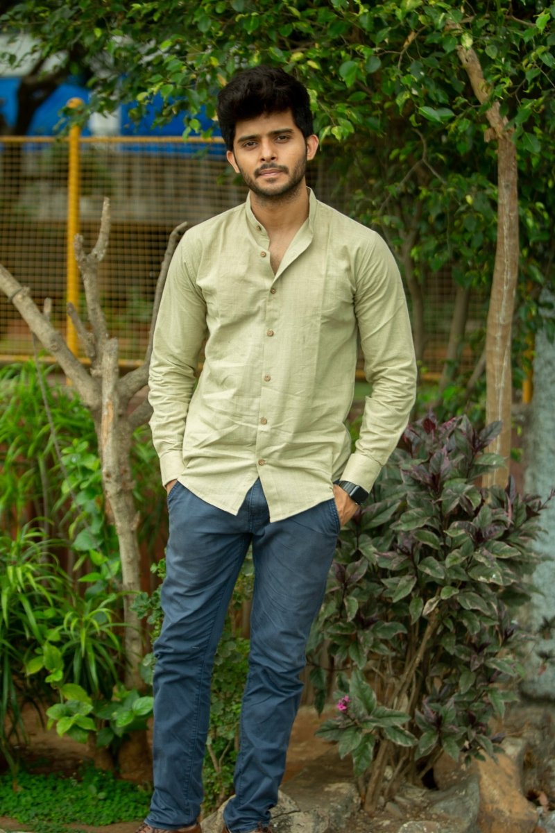 Buy Pistachio Mandarin Collar Khadi Shirt | Shop Verified Sustainable Products on Brown Living