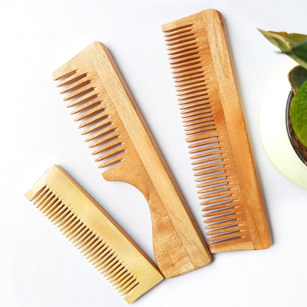 Pure Kacchi Neem Wood Comb Pack Combo -05 (Pack of 3) | Verified Sustainable Hair Comb on Brown Living™