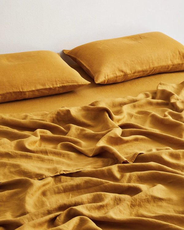 Buy Pure Linen Fitted Sheet with Pillow Covers | 3 Pc Set |Golden Yellow | Shop Verified Sustainable Bedding on Brown Living™